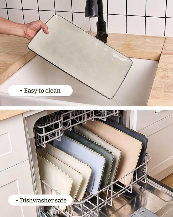 famiware Serving Platter, Rectangular 15.67/14.1/12.6inch Serving Dishes for Entertaining, Dishwasher Safe, Stoneware Serving Trays for Party, Food, Turkey, Snack, Cheese, Reactive Glaze, Light Khaki