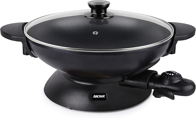 Aroma Housewares AEW-306 Electric Wok with Tempered Glass Lid Easy Clean Nonstick, Cooking Chopsticks, Tempura and Steaming Racks, Professional Model, Black