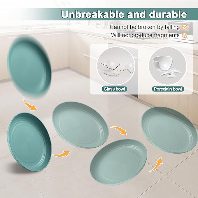 12 Pcs Unbreakable Deep Dinner Plates Set, 9 inch Reusable Plastic Wheat Straw Plates, Microwave and Dishwasher Safe Plate for Kitchen, Lightweight Plate for Dessert, BPA Free, Dark Blue