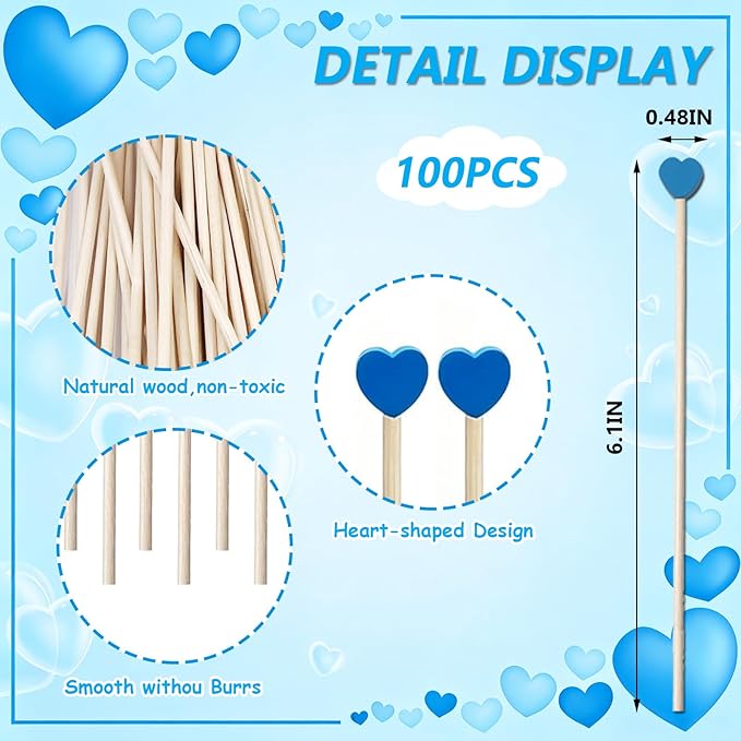 100 Pcs 6 Inch Blue Heart Shaped Wooden Swizzle Sticks, Cake Pop Sticks, Cocktail & Coffee Drink Stirrers, Rock Candy Sticks, Lollipop Sticks for Baby Shower, Gender Reveal, Birthday & Wedding Party