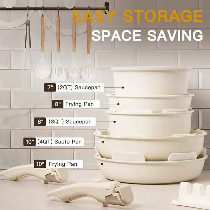 Astercook Ceramic Non-stick Cookware 21 Pcs Pots and Pans Set, Detachable Handle, RV Kitchen Non Stick Cooking Set Removable Handles, Oven Safe, Induction Ready, Stackable, Cream White