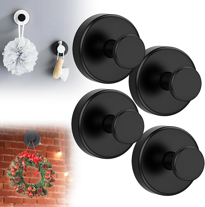 Suction Cup Hooks for Wreaths on Glass, 2025 New No Drill Suction Cup Hooks for Shower, Wreath Hanger Holder for Front Door, Upgraded Towel Hooks for Window Bathroom Mirrors (4, Black)