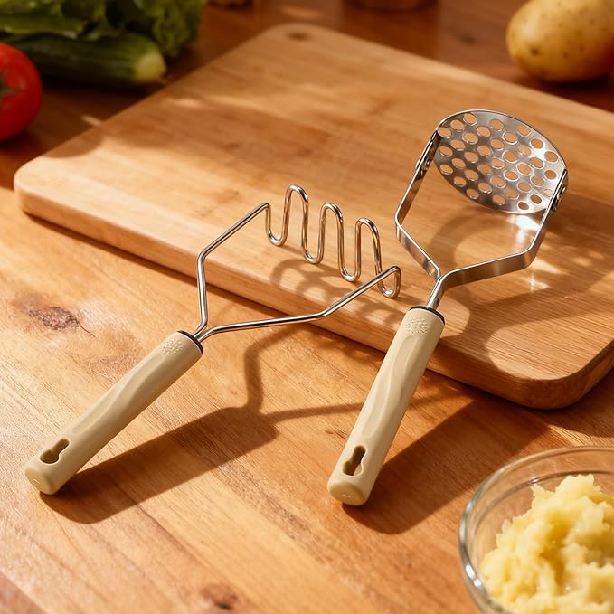 Potato Masher Stainless Steel, 2pcs Heavy Duty Mashed Potato Mashers - Masher Kitchen Tool & Food Mashers for Potatoes, Beans, Avocado, Meat, Vegetables Dishwasher Safe