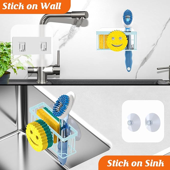Sponge Holder Smiley Face,Sink Caddy for Kitchen Sink,Sponge Holder with 2 PCS Suction Cups/1 PCS Adhesive Strips,Designed for Sponge,Soap,Dish Brush,Scrubber-Blue