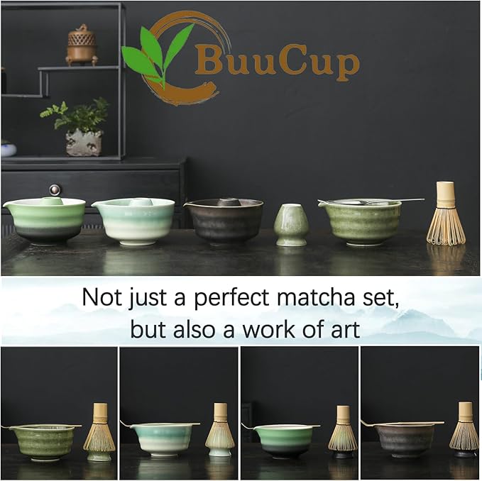 Matcha Set, Matcha Bowl with Spout, Matcha Whisk and Holder, Bamboo matcha Scoop and Stainless Sifter - 5 Pcs Jade Green Matcha Set Kit for Matcha Lover