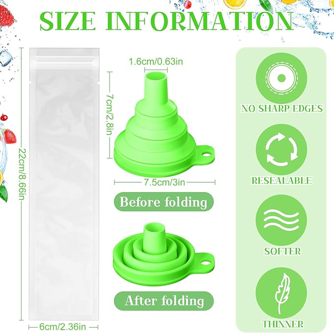 Hoolerry 600 Pcs Disposable Ice Mold Bags with 1 Silicone Funnel Freezer Tubes with Zip Seals Candy Ice Mold Yogurt Tubes Pouch for Snack Juice Fruit Smoothies Party Favor (2.4 x 8.7 Inch)