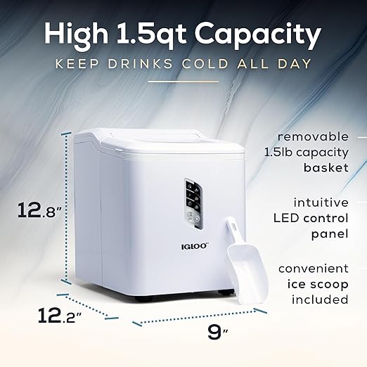 Igloo Portable Ice Maker with Scoop - Countertop Ice Maker with LED Control Panel & 1.5 Qt Water Tank - Ice Maker Produces 26 Lbs. of Ice in 24 Hours with 9 Large or Small Cubes in 7 Minutes- White