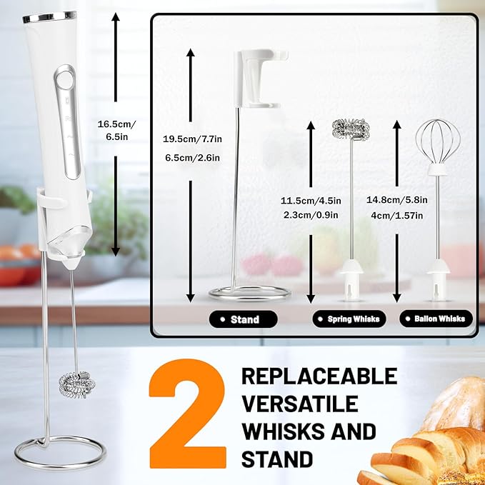 TonJin Milk Frother USB C Rechargeable New Upgraded Handheld Frother Wand with 2 304 Stainless Whisks 1 Stand, 3 Speeds Electric Coffee Whisk Frother for Lattes, Cappuccino, Egg, Matcha, White