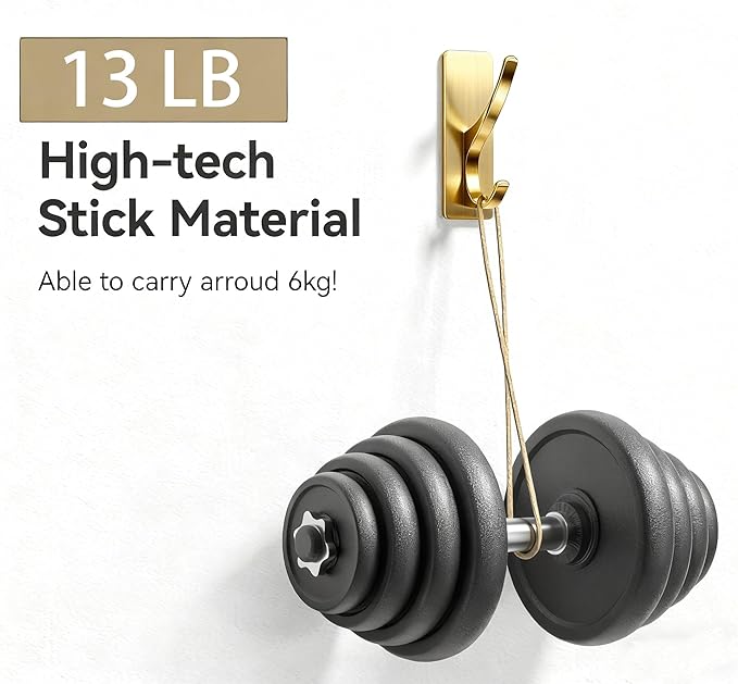 pickpiff Brushed Gold Self Adhesive Coat Hooks for Hanging: 13LB Extra Strong Stainless Wall Hook for Towel, Utensil, Backpack, Hat, Sturdy Metal Hanger for Bathroom, Kitchen, Door, 4-Pack