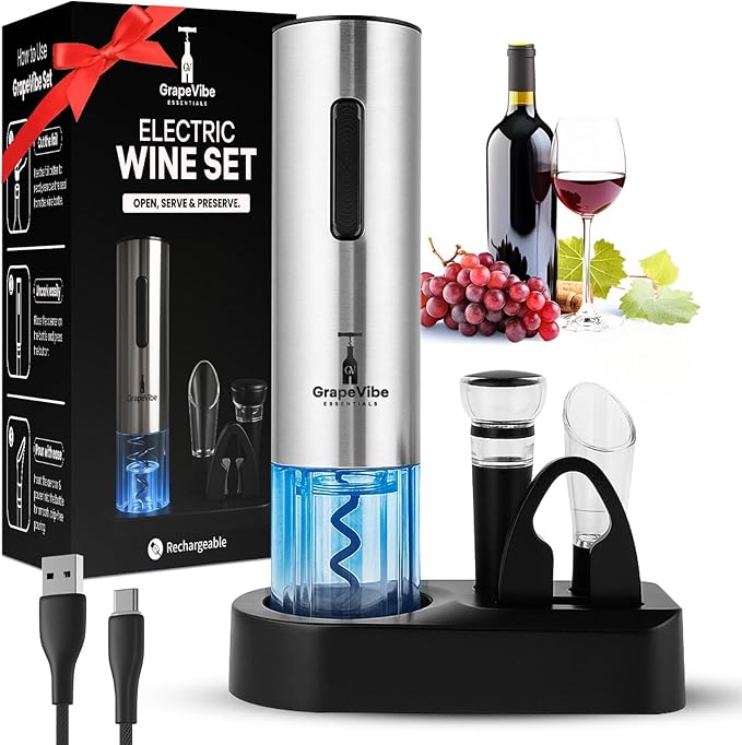 GrapeVibeEssentials 5-in-1 Electric Wine Opener gift Set – Rechargeable Automatic Wine Bottle Opener with Charging Base, Foil Cutter, Aerator Pourer & Vacuum Stoppers