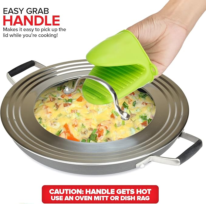 Modern Innovations Universal Lid with Tempered Glass Top for Pots & Pans, Fits 8.25, 9, 10, 11, and 12 Inch Cookware - Large Replacement Frying Pan Cover, Cast Iron Skillet Lids - Stainless Steel