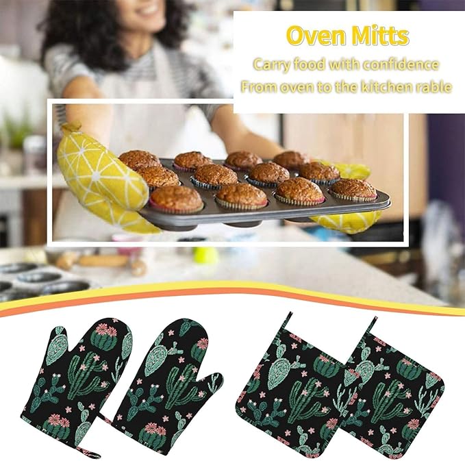 Trendy Cactus Oven Mitts and Pot Holders Sets of 4, Heat Resistant Silicone Oven Mittens and Potholders Gloves Hot Pads for Kitchen Cooking Baking Grilling BBQ Chef