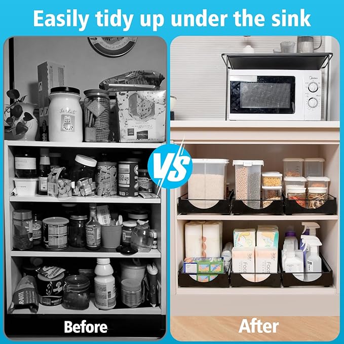 Under Sink Pull Out Organizer, Single-Tier Metal Drawer Slide Out Storage Shelf, No-Drill Nano Adhesive Installation, Fits 16"+ Deep Cabinets for Kitchen Bathroom Pantry Storage