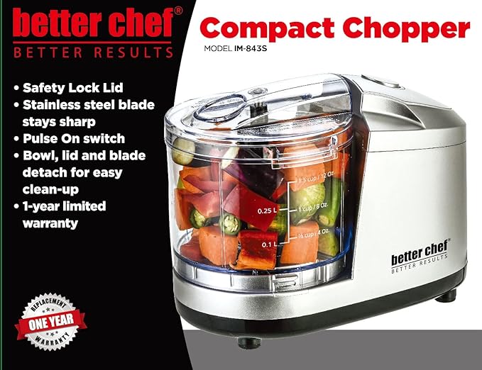 Better Chef 1.5-Cup Mini Food Processor | Stainless-Steel Blade | Pulse Switch (Silver)