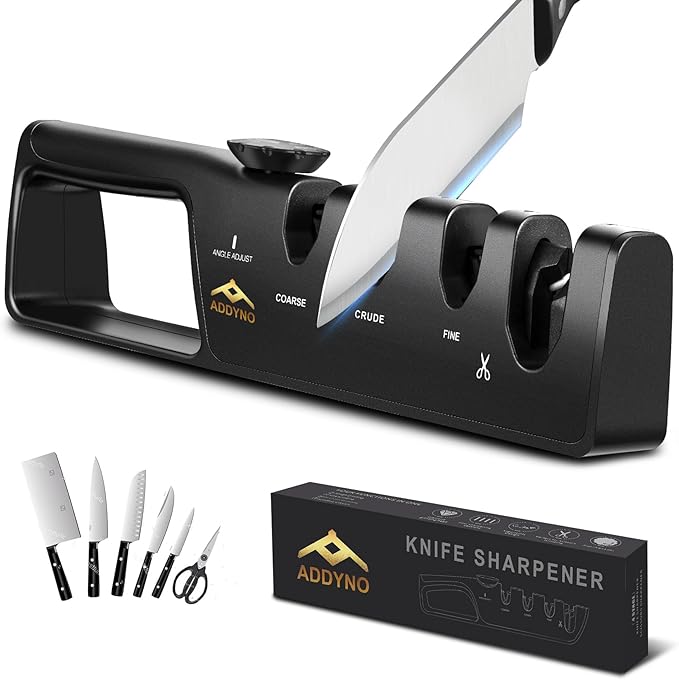 4-in-1 Knife Sharpener with Angle Guide, Adjustable Edge,3-Stage Coarse–Sharpen–Fine + Scissors Slot, Non-Slip Base & Ergonomic Handle for Kitchen Knives,Square Black