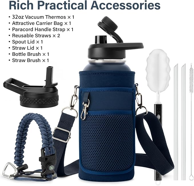 DYSANKY 32 oz Insulated Water Bottle | Thickened Stainless Steel Vacuum Metal | Portable Sports Water Jug for Gym and Hiking with Straw, Carrier Bag, Handle Strap | BPA-Free 32 oz