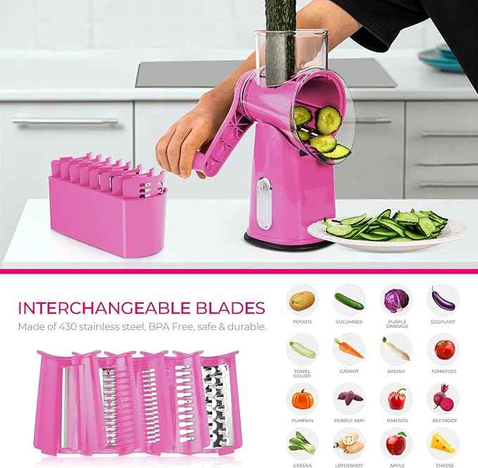 SUSTEAS Rotary Cheese Grater with Handle - Vegetable Shredder with 5 Well-designed Blades & Strong Suction Base,Round Mandoline Slicer & Food Chopper for Kitchen,with Blade Storage Box(Pink)