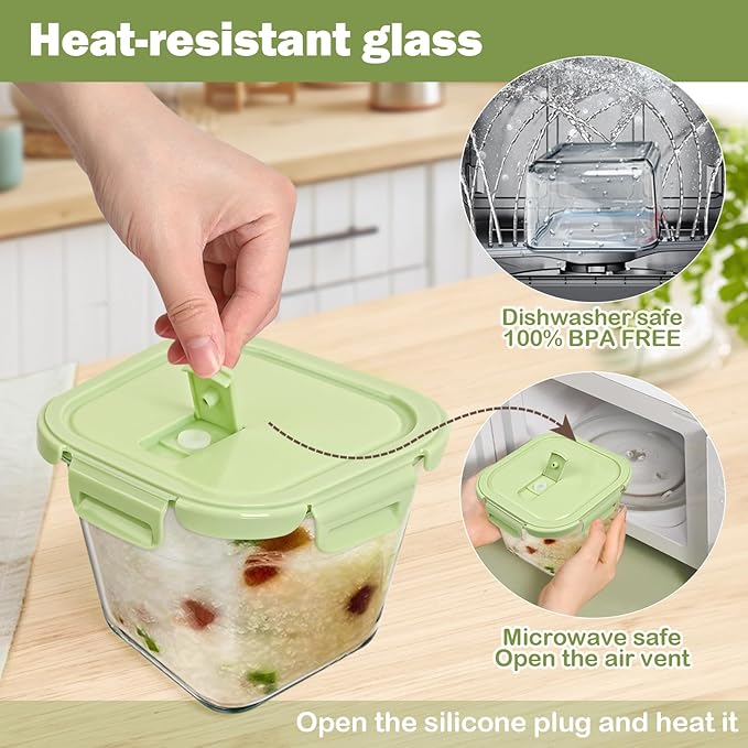 Glass Soup Containers with Lids 32oz - Borosilicate Glass Storage Containers 4 Cup, Freezer to Microwave Safe, Airtight Leak Proof, Square Meal Prep Containers for Lunch Travel- 6 Pack