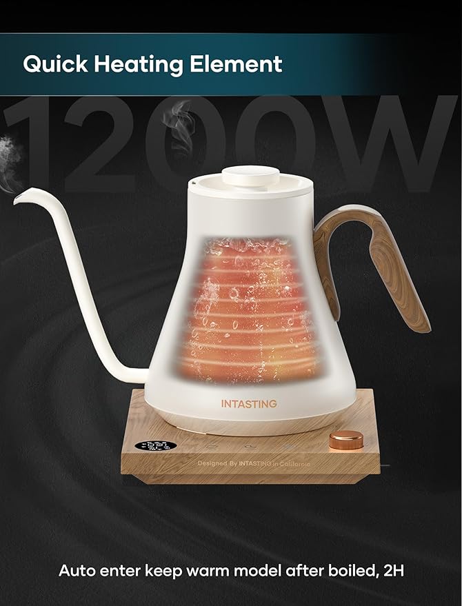 INTASTING Electric Kettle, Gooseneck Electric Kettle, ±1℉ Precise Temperature Control, Stainless Steel Interior, Quick Heating for Pour Over Coffee, Tea & Boiling Water, 0.9L (Cream White)