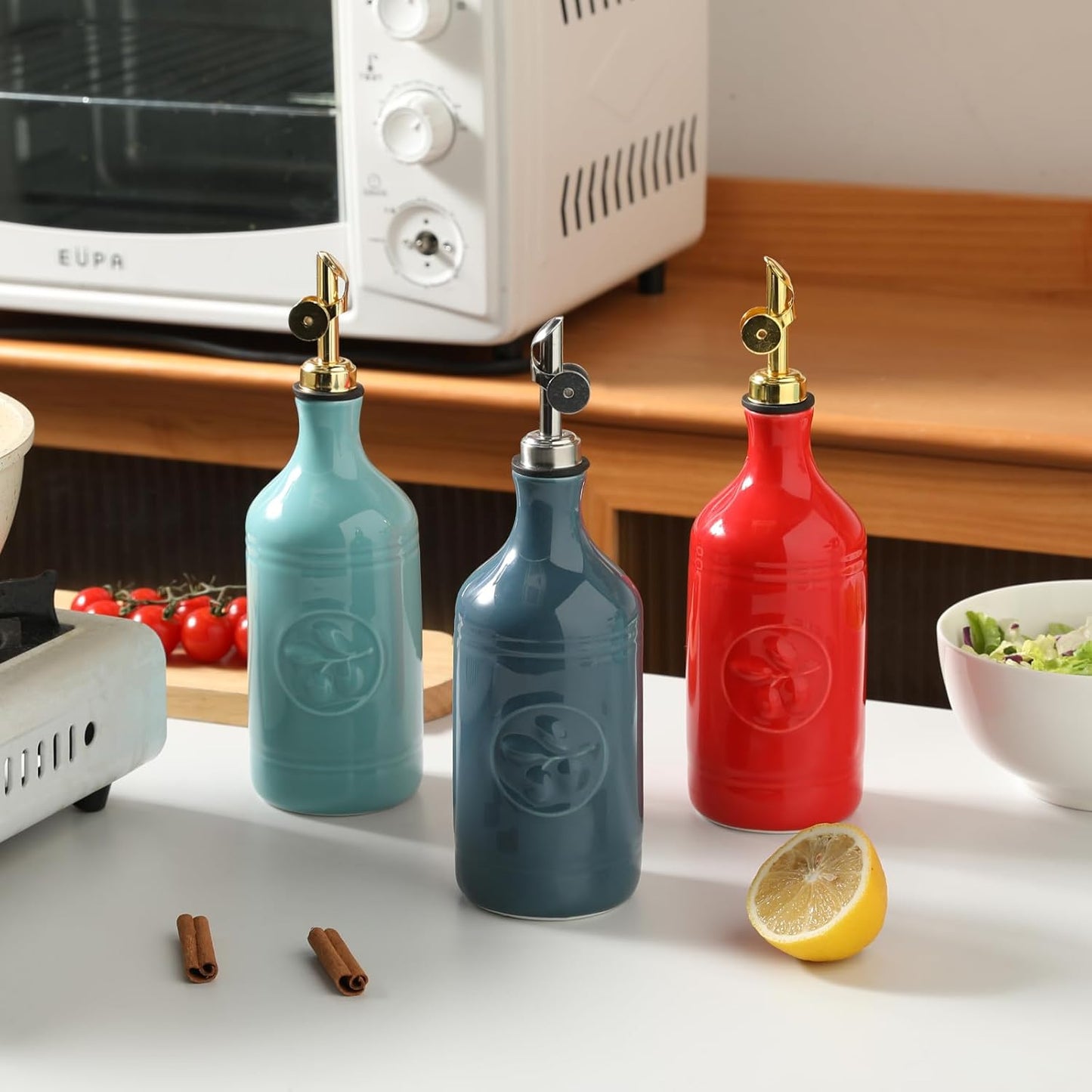 Sweejar 16 Oz Ceramic Olive Oil Dispenser Bottle, Oil Dispenser for Kitchen with Gravity Spout, Relief Opaque Oil Container for Evoo, Avocado Oil, Vinegar, Soy Sauce, 1 Pack(Turquoise, Silver Spout)