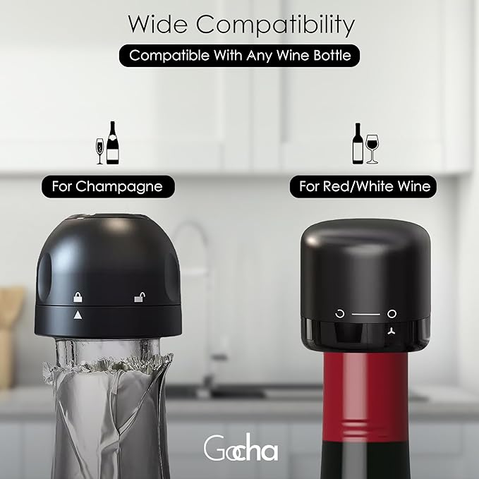 GOCHA | Champagne Stoppers With Vacuum Built-in | 1.5 inch Silicone Twist Top Wine Stopper | Reusable, Leak Proof (1 Wine + 1 Champagne Cork Stopper) | (Pack of 2)