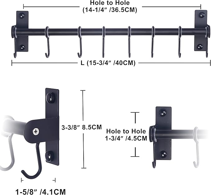 Dseap Kitchen Utensil Holder Hanger, Pot and Pan Rack Wall Mount, Kitchen Rail with 8 Hooks for Hanging Cooking Utensils, Mugs, Spoons, Wall Mounted, Stainless Steel, Black