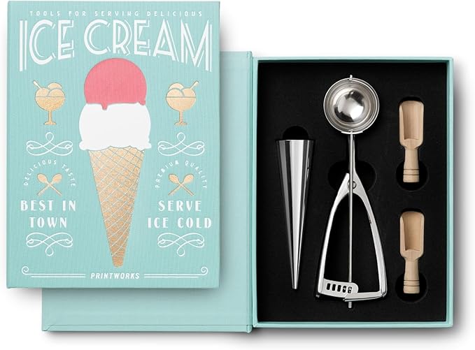 Printworks The Essentials, Ice Cream Tools – Stainless Steel Ice Cream Scoop with Trigger, Cone Shapes and Wooden Sprinkle Scoops, Book-Style Case