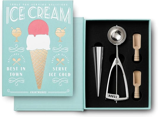 Printworks The Essentials, Ice Cream Tools – Stainless Steel Ice Cream Scoop with Trigger, Cone Shapes and Wooden Sprinkle Scoops, Book-Style Case