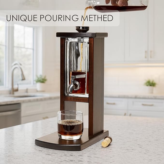 Whiskey Decanter with Tap, Glass and Wood Liquor Dispenser for Home Bar, Bourbon Tequila and Scotch Decanter, Unique Whiskey Gift Set for Men and Whiskey Lovers