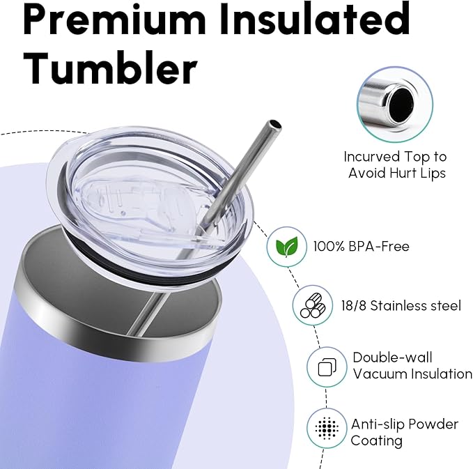 Volhoply 8 Pack Skinny Tumblers with Lid and Straw, 20oz Stainless Steel Straight Tumbler Bulk, Vacuum Insulated Coffee Mug for Home, Office, Travel, DIY (Purple Green,8 Pack)
