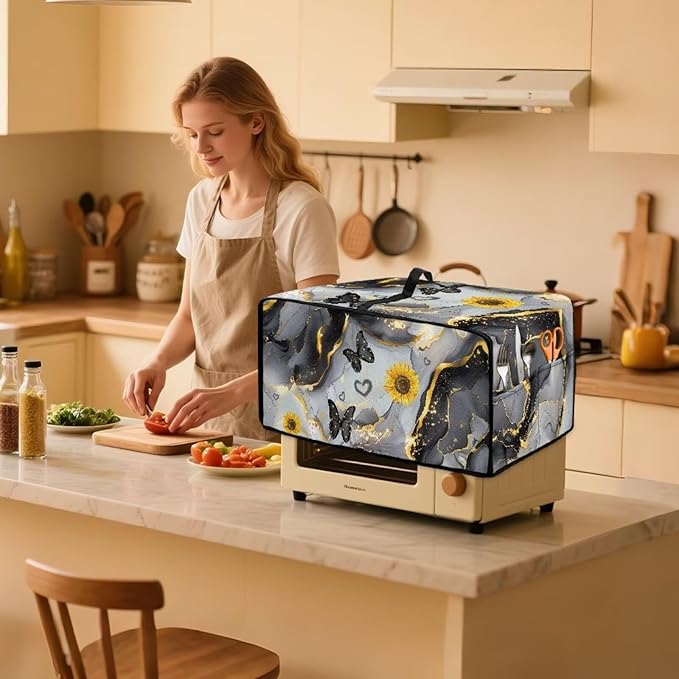 Convection Oven Cover Countertop Appliance Covers Stain-resistant Microwave Oven Protector for Kitchen Home Decor, L, Black Gray Gold Marble Butterfly Sunflower