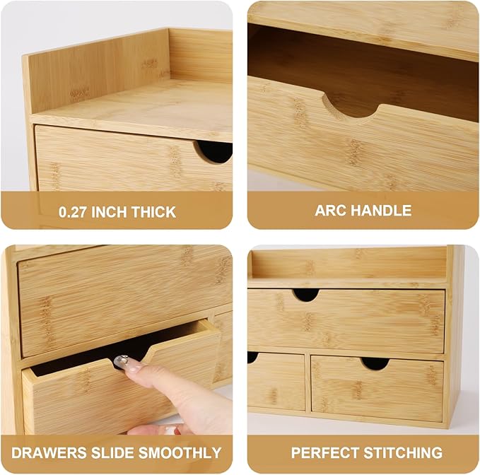 Charmewooden Bamboo Desk Organizer 3 Drawer with Shelf, Countertop Organizer with Drawers Makeup Storage Drawer 3 Drawers Tabletop Storage Organization Box Home Office Workspace