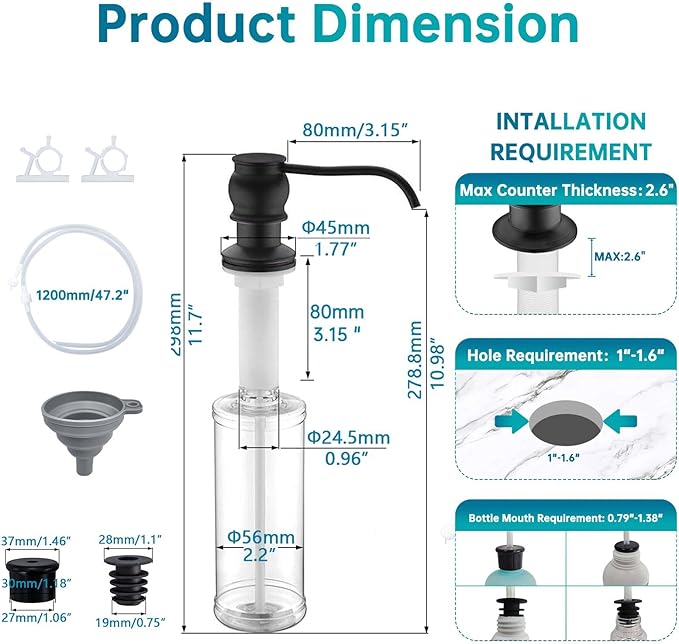 Brass Kitchen Soap Dispenser, Oil Rubbed Bronze in Sink Liquid Dish Soap Dispenser, Under Sink Hand Metal Dispenser Pump, 47.2" Silicone Long Tube for 0.79 "- 1.38" Bottle Mouths