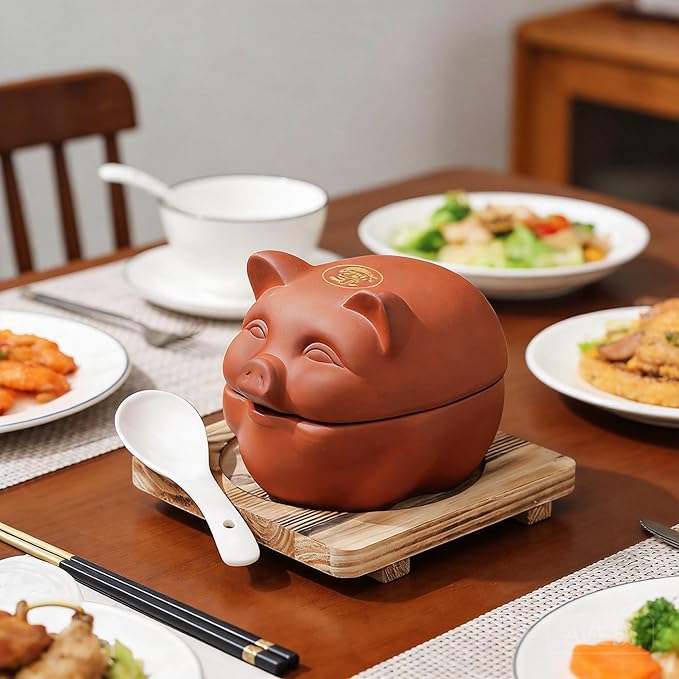Ceramic Cooking with Lid small Heat Resistant Compatible Earthen Ceramic Cooking Pot Unglazed for Cooking, Rice Meat Soup Family Meals with Tray, spoon(15.5 * 12 * 12cm)