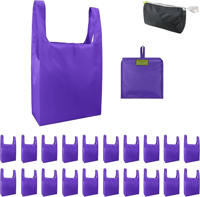 BeeGreen Purple Reusable Grocery Bags Wholesale Purple Reusable Kitchen Bags Bulk Foldable-Machine Washable with Zipper Storage Pouch 20 Packs