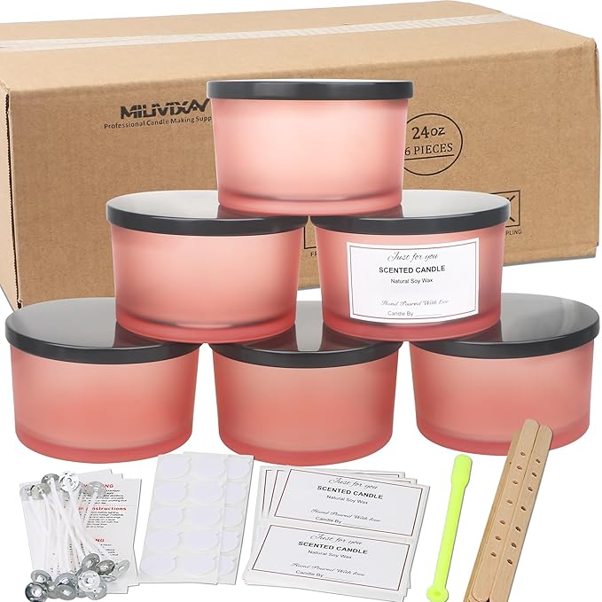 MILIVIXAY 6 Pack 24 oz Candle Jars with Metal Lids and Candle Making Kits - 3 Wick Candle Jar,Bulk Empty Matte Pink Thick Glass Jars for Making Large Candles - Spice, Powder Containers.