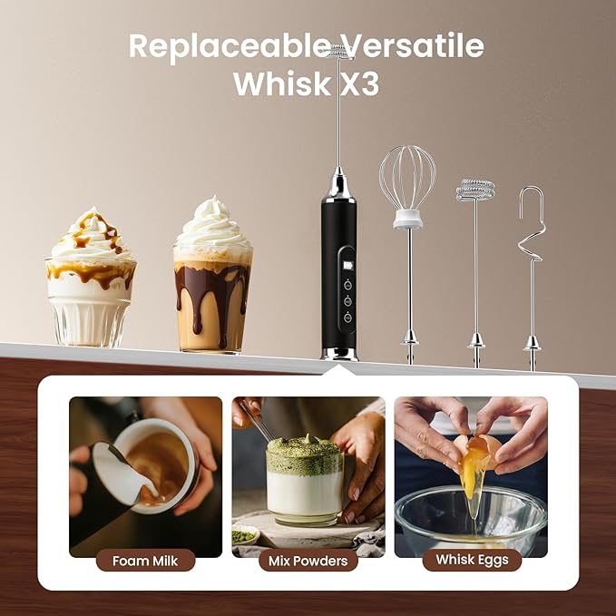 YUSWKO Milk Frother Wand for Coffee, Handheld Coffee Frother, Rechargeable Drink Mixer, Waterproof Electric Whisk, Black