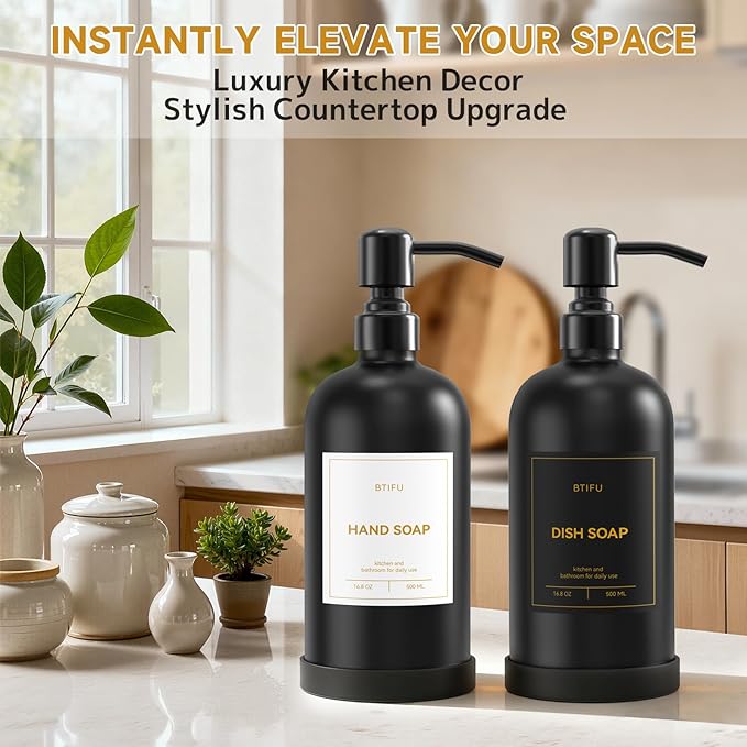 Kitchen Soap Dispenser Set – 16.8oz/500ml Glass Hand and Dish Soap Dispenser with Stainless Steel Pumps & Non-Slip Silicone Base, Luxury Countertop Decor for Home, Airbnb, Vacation Rental (Black)