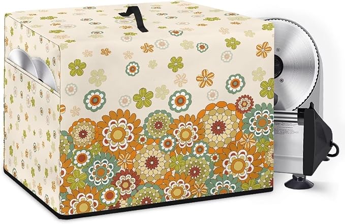 Colorful Hippie Flower Print Food Slicer Cover, Meat Slicer Cover, Waterproof Fabric, Easy to Clean With Organizer Side Pocket for Accessories, Such as Stainless Steel Blade, Brush,etc