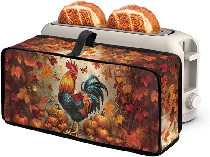 Thanksgiving Toaster Cover 2 Slice Maple Leaf Rooster Cover for 2 Slice Slim Toaster, Water-Resistant Dust Covers for Kitchen Appliances, Machine Washable