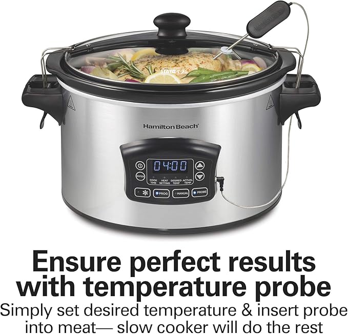 Hamilton Beach Portable 6 Quart Set & Forget Digital Programmable Slow Cooker with Lid Lock, Temperature Probe & Defrost Setting, Dishwasher Safe Crock & Lid, Silver (33869)
