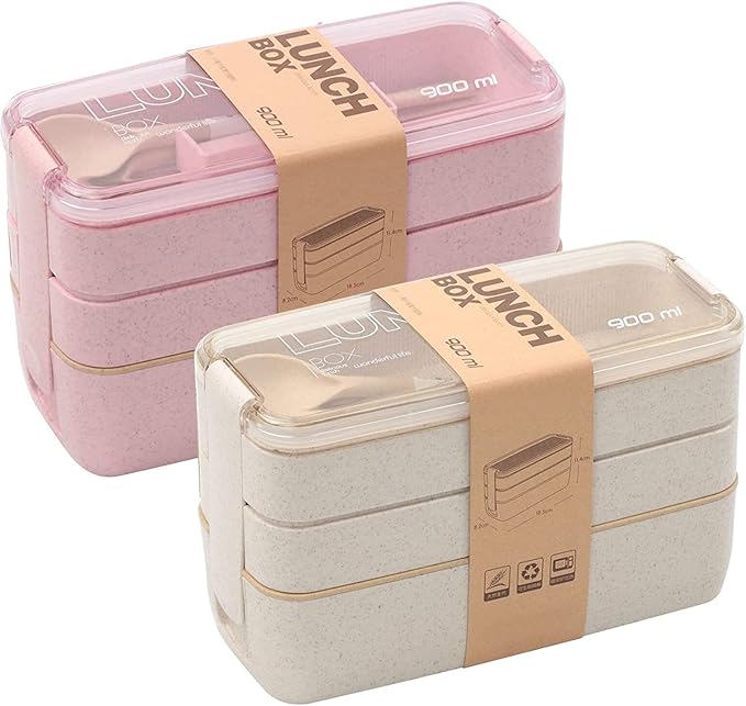 Rarapop 2 Pack Stackable Bento Box Japanese Lunch Box Kit with Spoon & Fork, 3-In-1 Compartment Wheat Straw Meal Prep Containers for Kids & Adults (Pink/Beige)