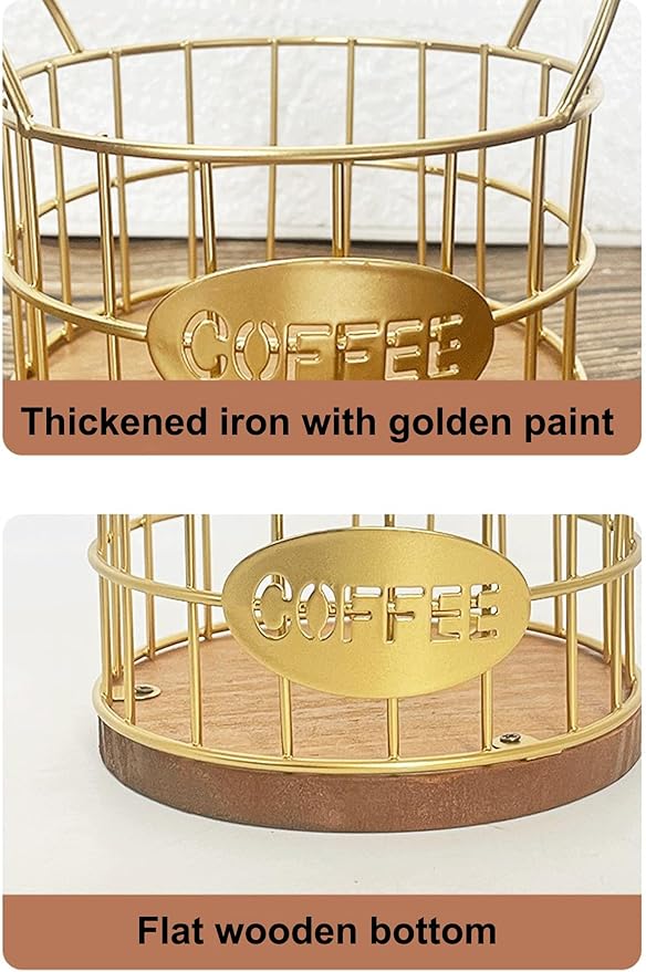 Coffee Pods Holder for Countertop, K Cup Holder Organizer, Sturdy Kcup Storage Basket with Wooden Base , Pod Container For Kitchen Bar Counter Office Desktop (Gold)