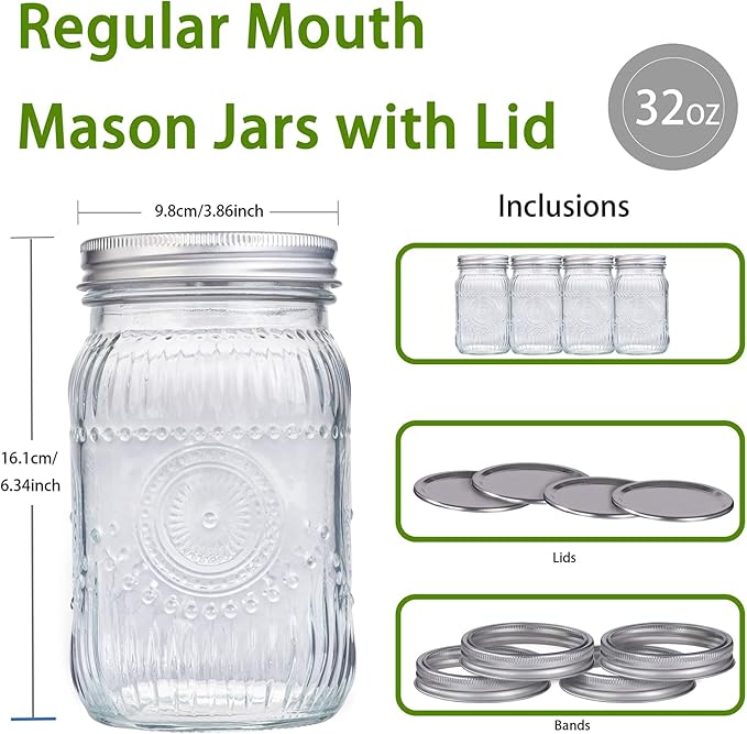 WELLIFE Sunflower Mason Jars 32oz-4Pcs