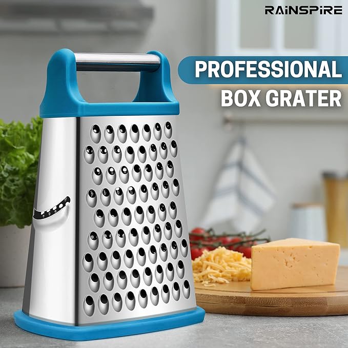 Rainspire Professional Box Grater, Cheese Grater Box for Kitchen Stainless Steel with 4 Sides, Cheese and Spice Graters with Handle for Vegetables, Ginger, Potatoes, Blue