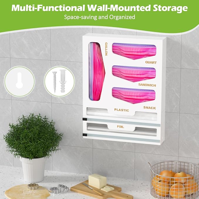 6 in 1 Bag Organizer and Wrap Dispenser with Magnetic Lid - Plastic Wrap Dispenser with Cutter for Kitchen Drawer, Storage for Gallon, Quart, Sandwich, Snack Bags, and Foil White