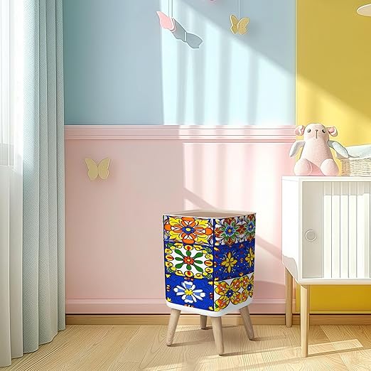 Small Trash Can with Lid Mexican talavera ceramic tile seamless pattern Ethnic folk ornament Wastebasket with Press Cover Dog Proof Garbage Can Waste Bin for Kitchen Bathroom Nursery 2.6 Gallon