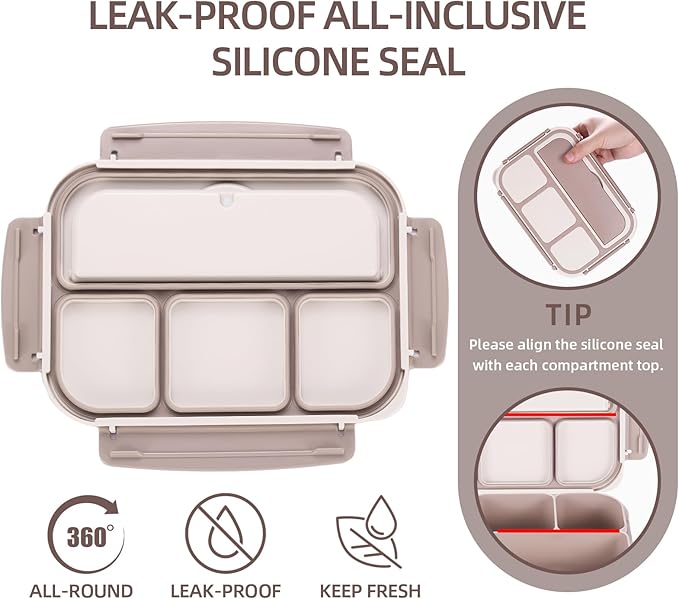 QQKO Bento Box Adult Lunch Box, Lunch Containers for Adults Men Women, Kids Lunch Boxes for School with 4 Compartments, Sauce Container, Utensils and Muffin Cups, Brown