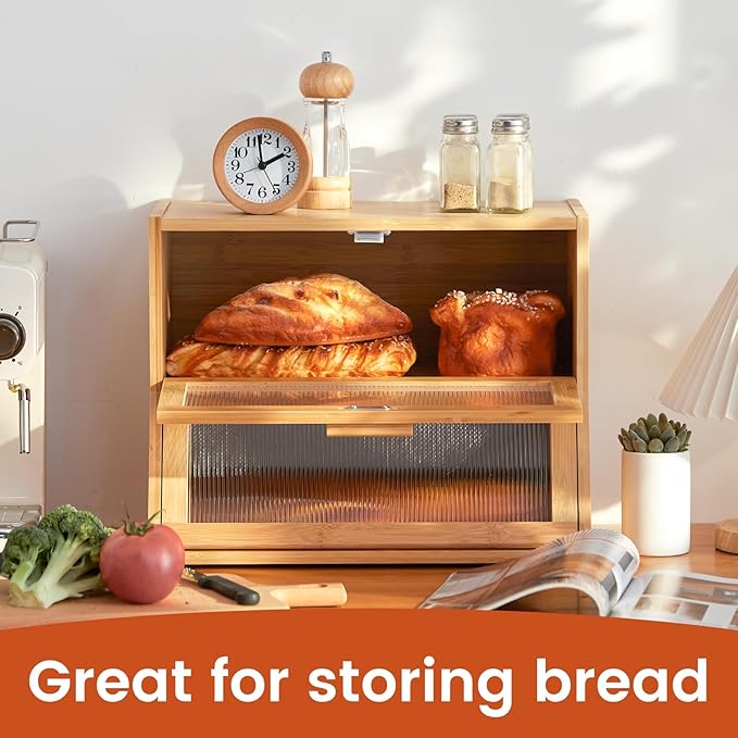 GHWIE Double Layer Bamboo Bread Box for Kitchen Counter,Large Capacity Bread Storage Bin,Bread Container with Acrylic Wavy Door Panel (Natural, Medium)