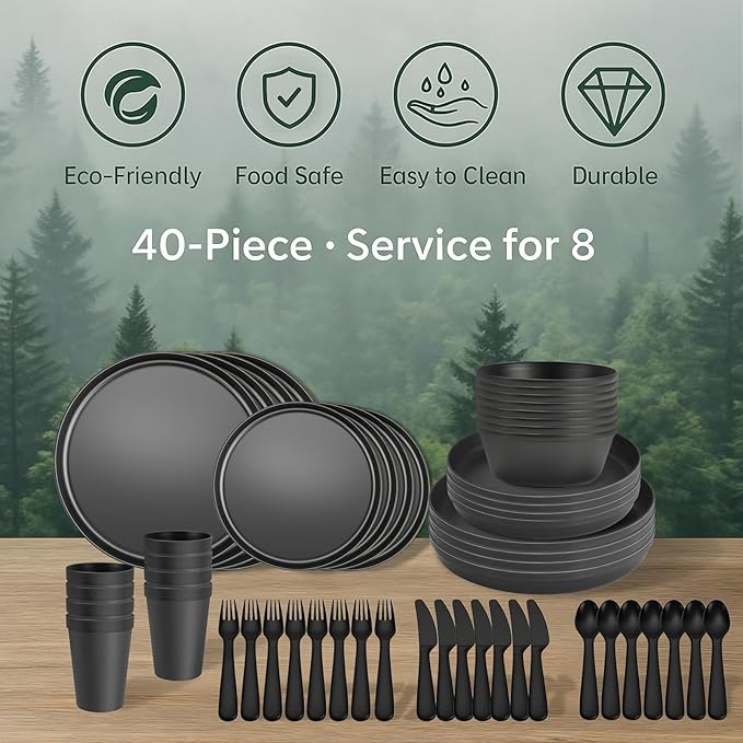 40 Piece Plastic Dinnerware Set for 8 with Cutlery, Unbreakable Plates and Bowls Set, Dishwasher & Microwave Safe Reusable Dish Set for Camping, RV, Outdoor Kitchen, Apartment Dining,Rainbow Multicol